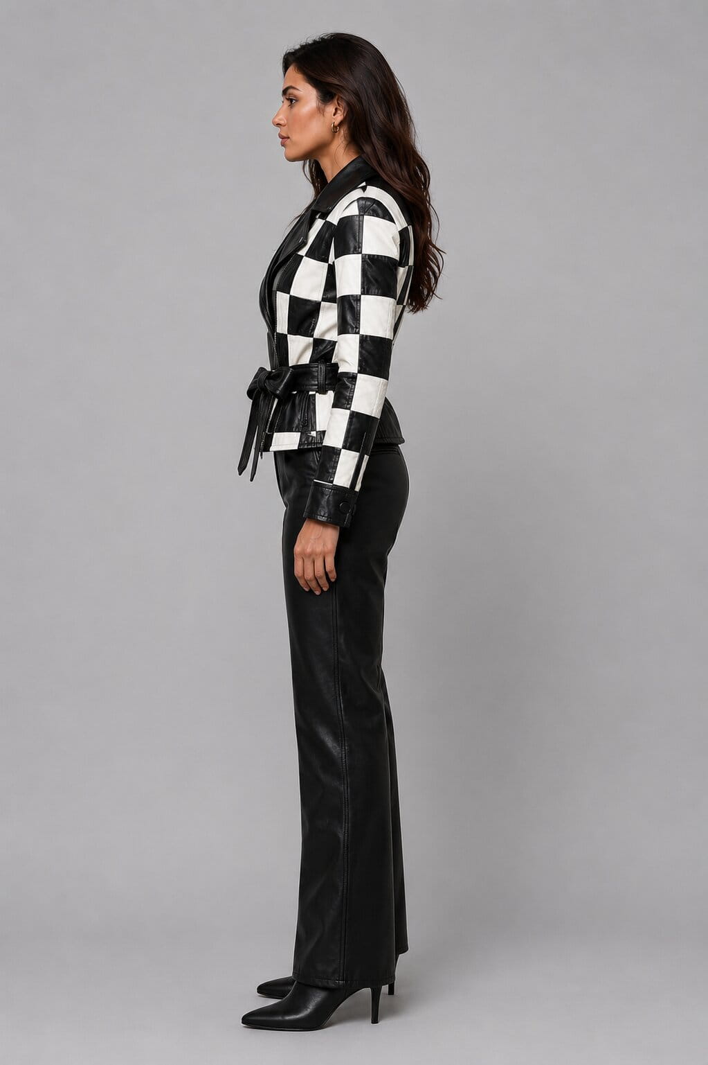Women's Black White Checkered Real Leather Moto Biker Jacket by avanzar leather