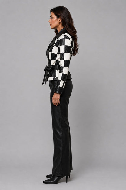 Women's Black White Checkered Real Leather Moto Biker Jacket by avanzar leather