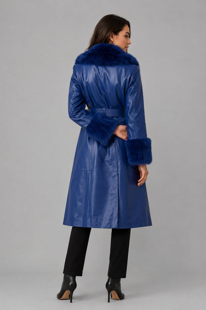 Women's Blue Shearling Leather Coat - Elegant Fur Collar Design back view by avanzar leather