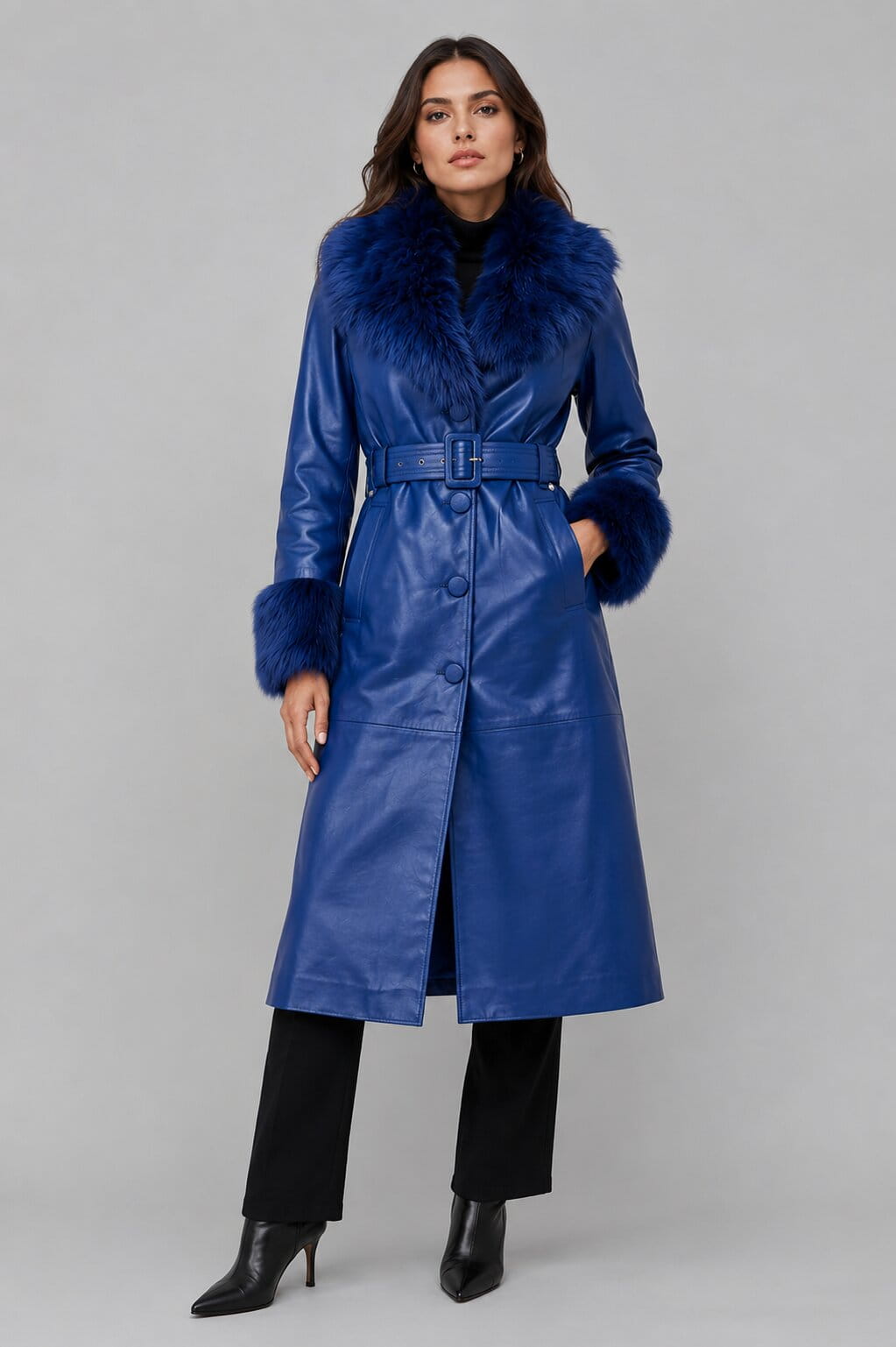 Women's Blue Shearling Leather Coat - Elegant Fur Collar Design front view by avanzar leather