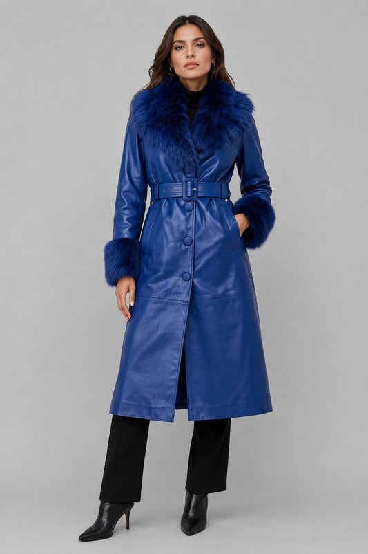 Women's Blue Shearling Leather Coat - Elegant Fur Collar Design front view by avanzar leather