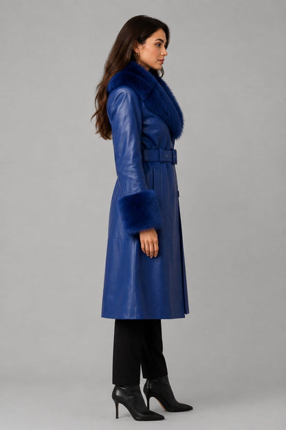 Women's Blue Shearling Leather Coat - Elegant Fur Collar Design sid view by avanzar leather