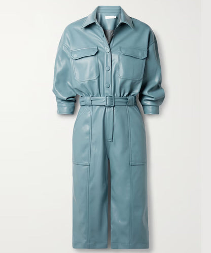 Women's Blue Utility Leather Jumpsuit with Modern Design