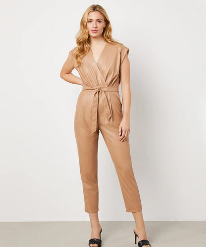 Women's Brown Faux Leather Belted Jumpsuit with Chic Design