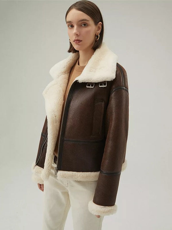 Avanzar Leather Women’s Chocolate Brown Shearling Aviator Jacket
