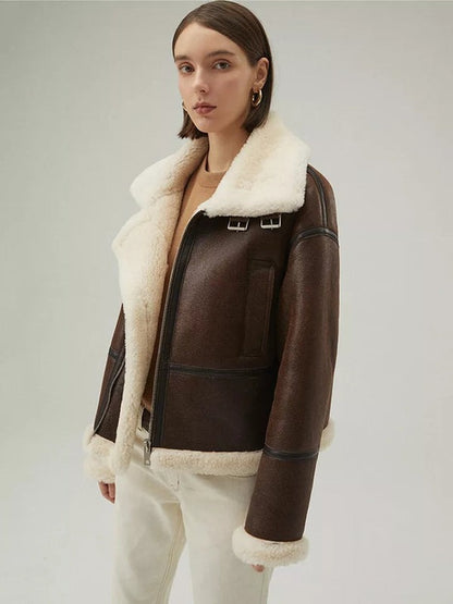 Avanzar Leather Women’s Chocolate Brown Shearling Aviator Jacket