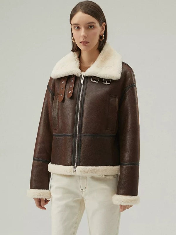 Avanzar Leather Women’s Chocolate Brown Shearling Aviator Jacket