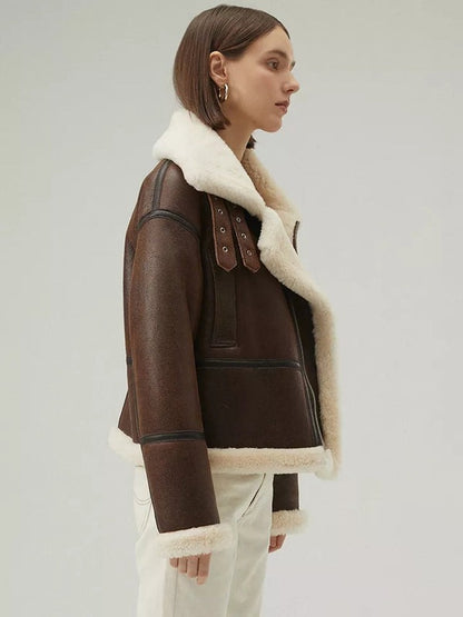 Avanzar Leather Women’s Chocolate Brown Shearling Aviator Jacket