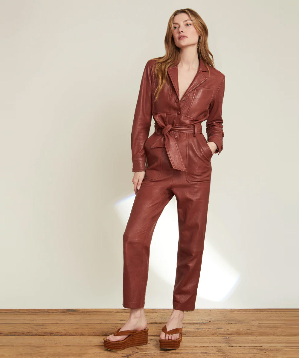 Women's Brown One-Piece Belted Leather Jumpsuit