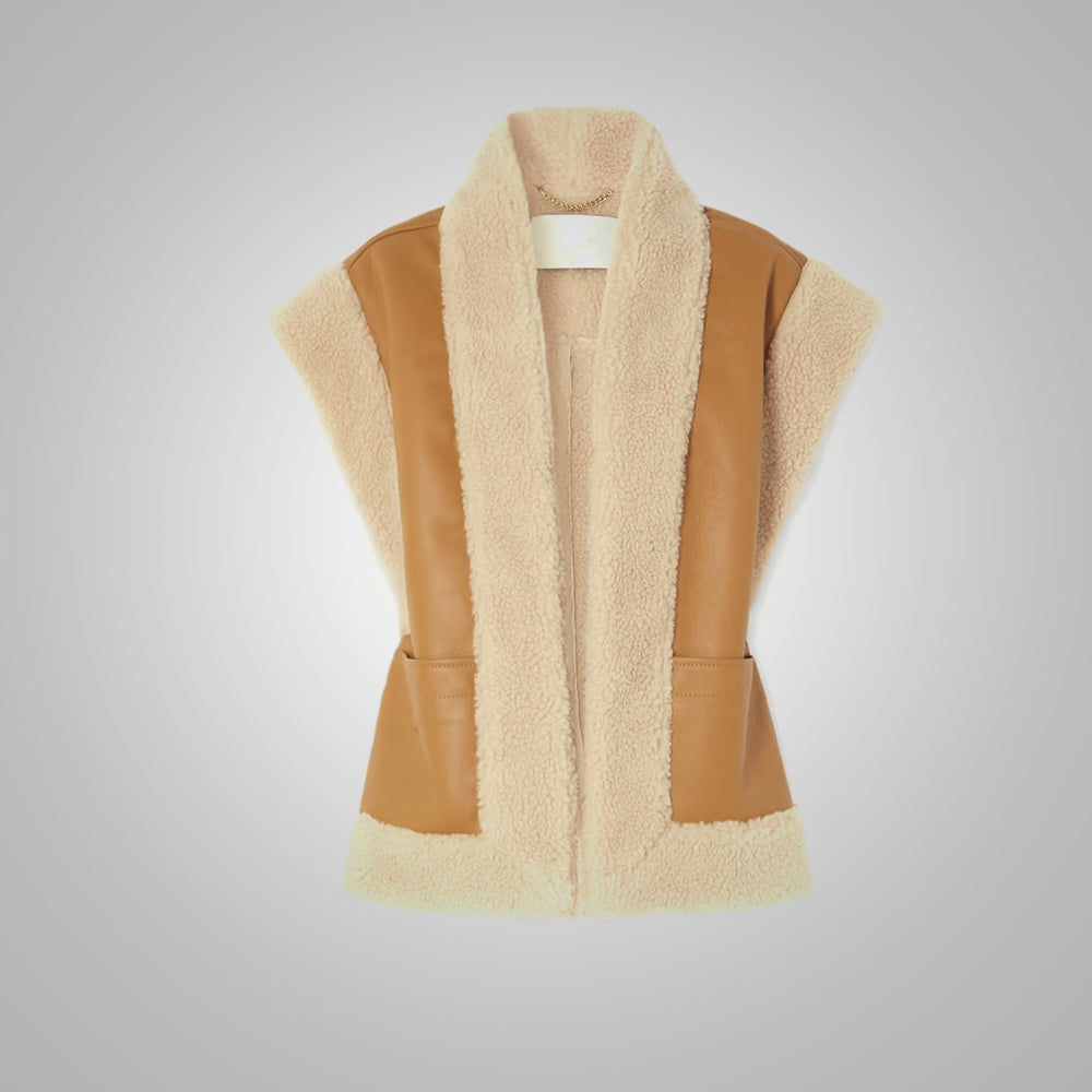 Women's Brown Thick Fur Shearling Sheepskin Leather Vest