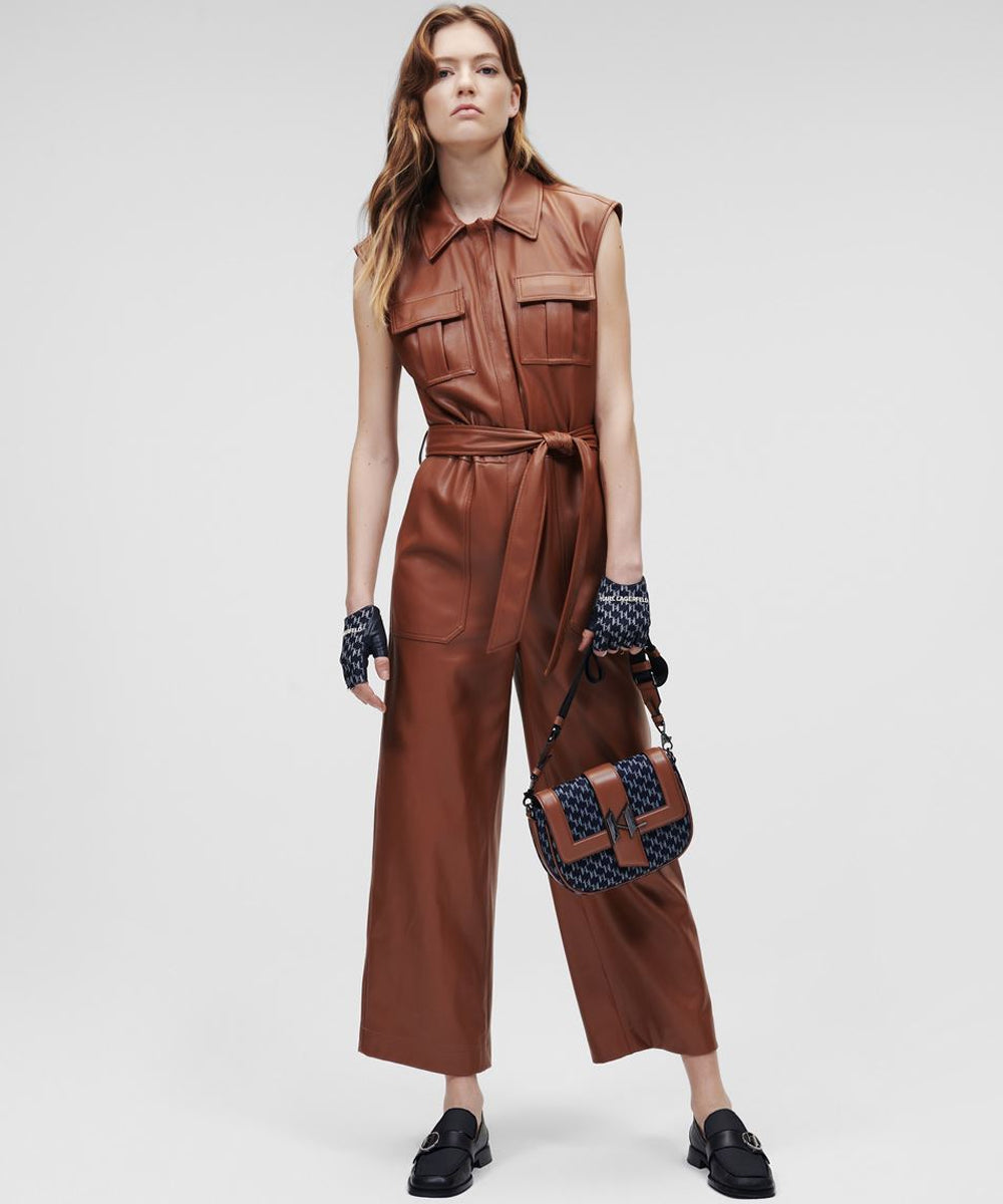 Women's Brown Utility Real Leather Jumpsuit