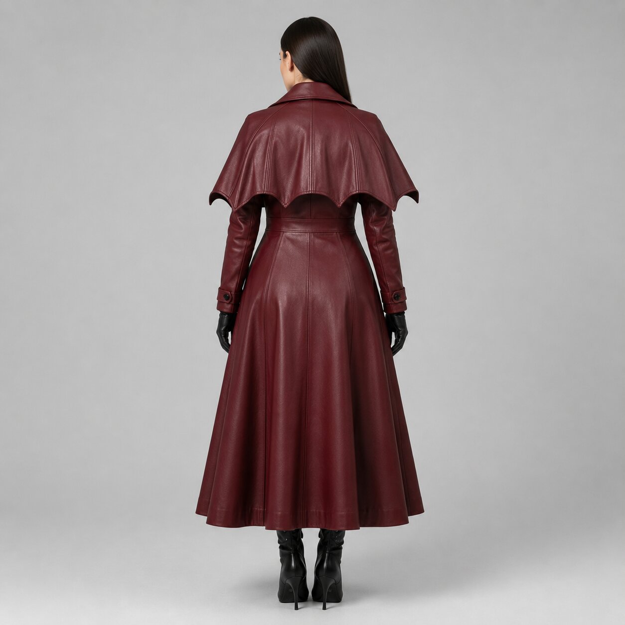Women's Burgundy Genuine Leather Gothic Trench Coat with Full Length Cape Style Design by avanzar leather