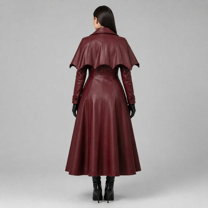 Women's Burgundy Genuine Leather Gothic Trench Coat with Full Length Cape Style Design by avanzar leather