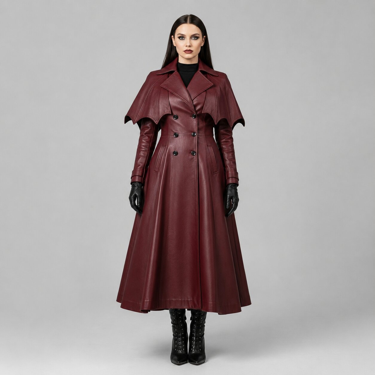 Women's Burgundy Genuine Leather Gothic Trench Coat with Full Length Cape Style Design by avanzar leather