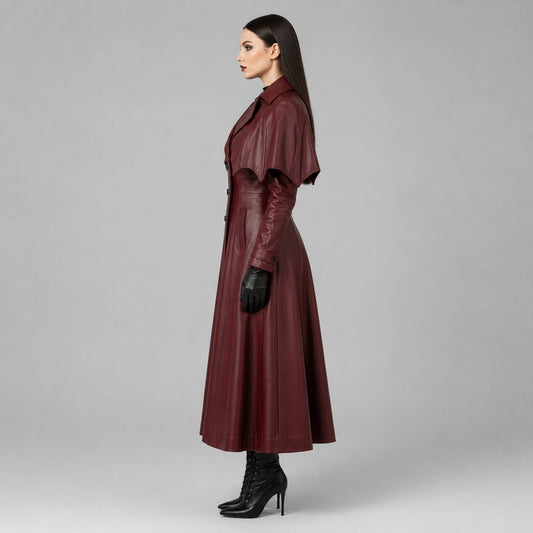 Women's Burgundy Genuine Leather Gothic Trench Coat with Full Length Cape Style Design by avanzar leather