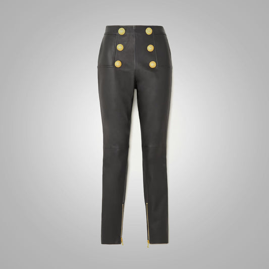 Women's Butt-Flap Zipper Black Leather Pants