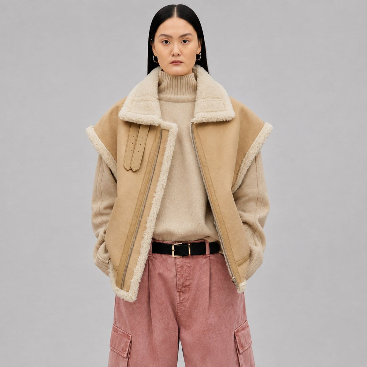 Women’s Camel Shearling Leather Vest Thick Fur Sheepskin Winter Wear front view by avanzar leather