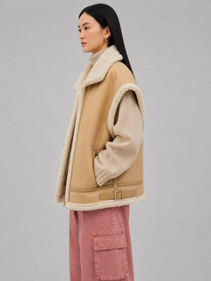 Women’s Camel Shearling Leather Vest Thick Fur Sheepskin Winter Wear front view by avanzar leather