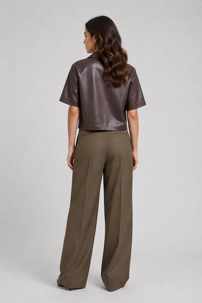 Women's Coffee Brown Short Leather Shirt - Half Sleeve Design back view by avanzar leather