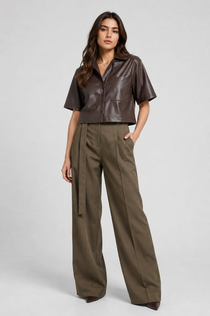 Women's Coffee Brown Short Leather Shirt - Half Sleeve Design front view by avanzar leather