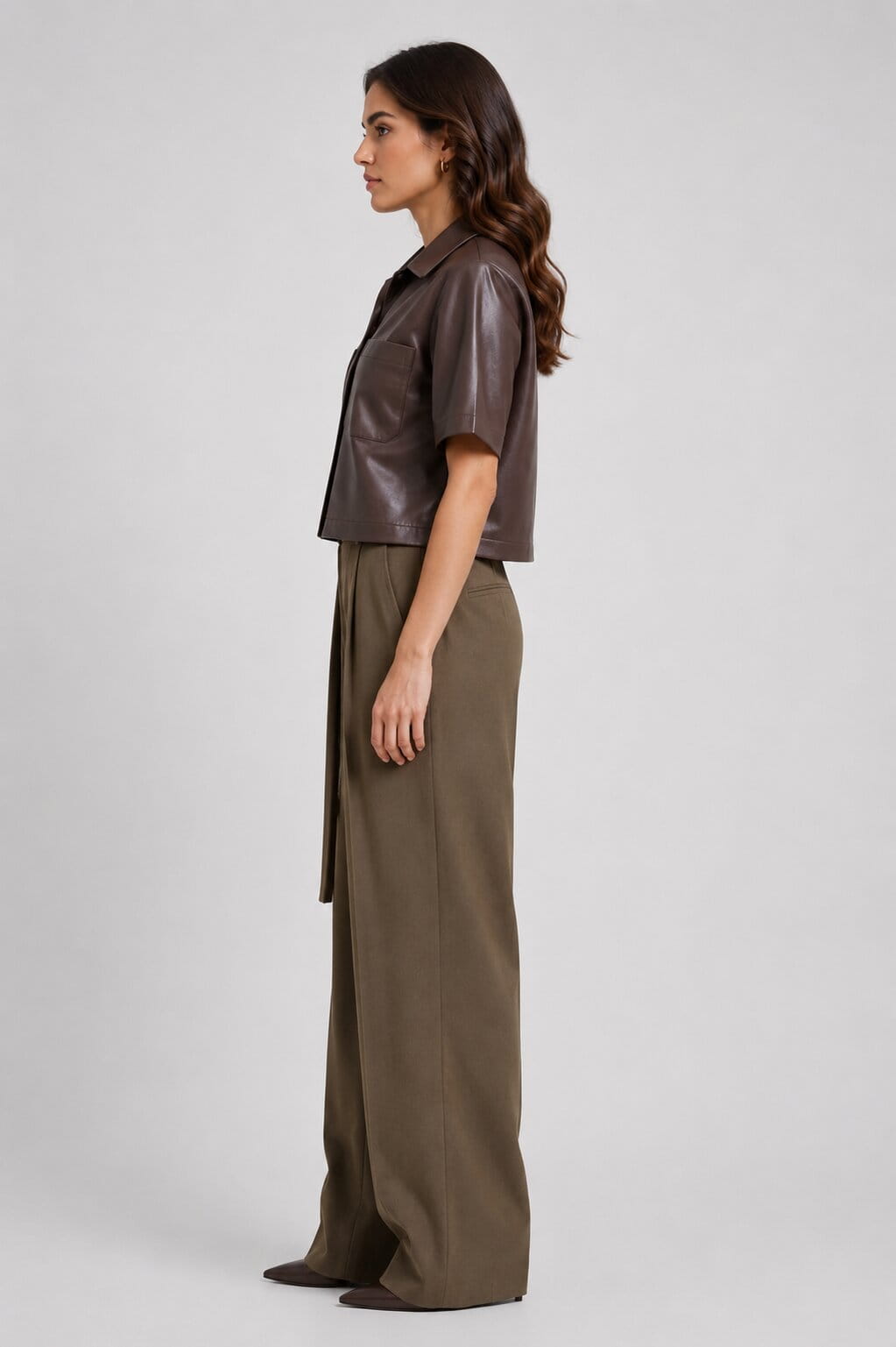 Women's Coffee Brown Short Leather Shirt - Half Sleeve Design sid view by avanzar leather