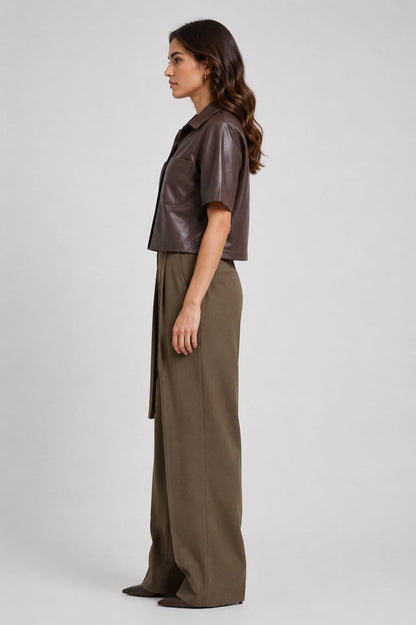 Women's Coffee Brown Short Leather Shirt - Half Sleeve Design sid view by avanzar leather