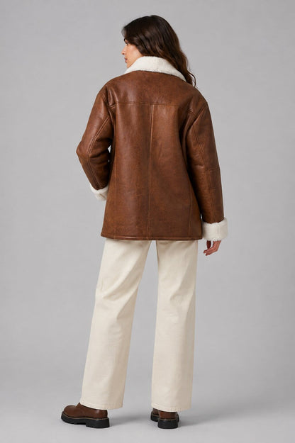 Women's Cognac Sheepskin Jacket - Genuine Shearling Design back view by avanzar leather