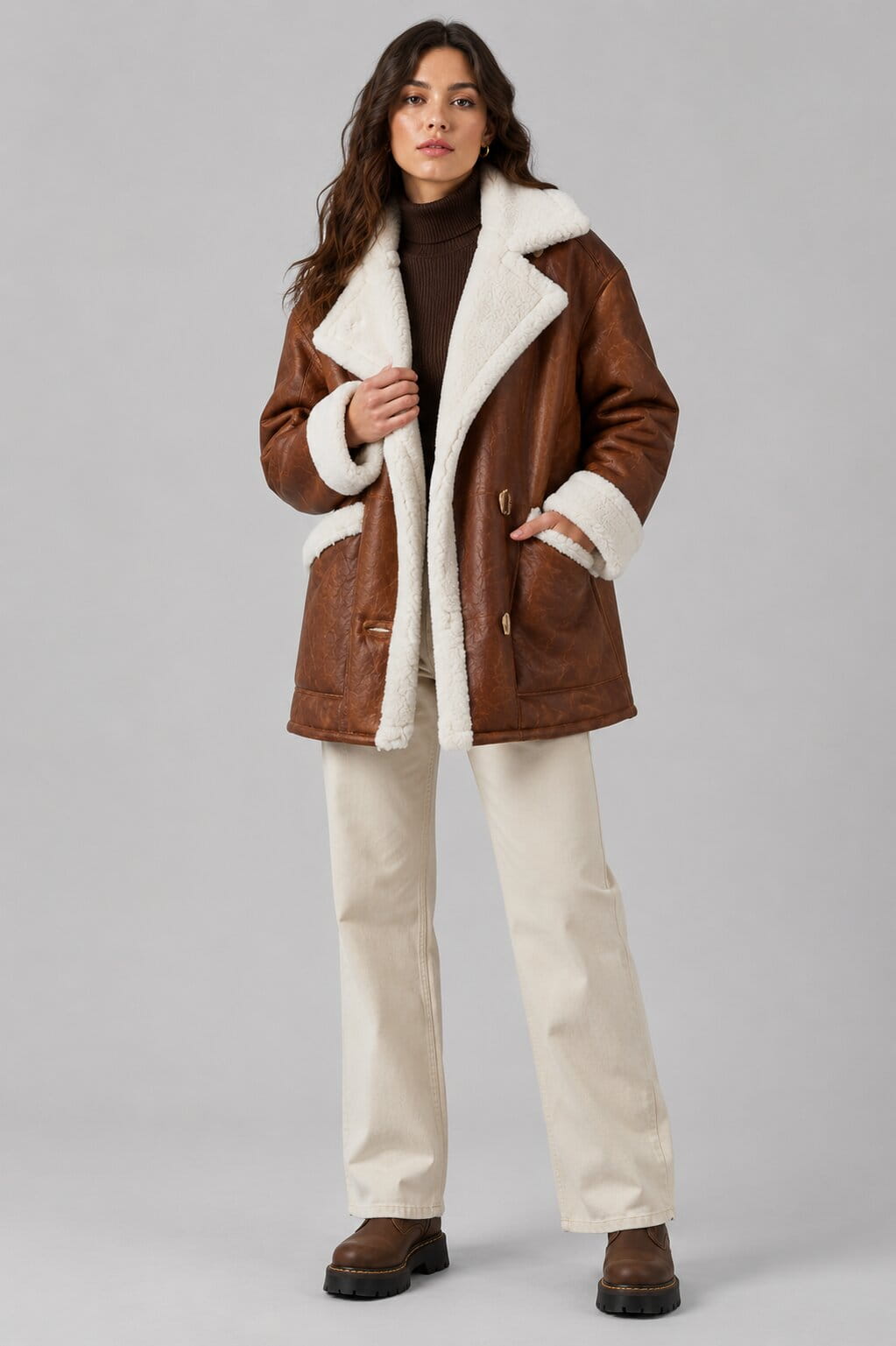 Women's Cognac Sheepskin Jacket - Genuine Shearling Design front view by avanzar leather