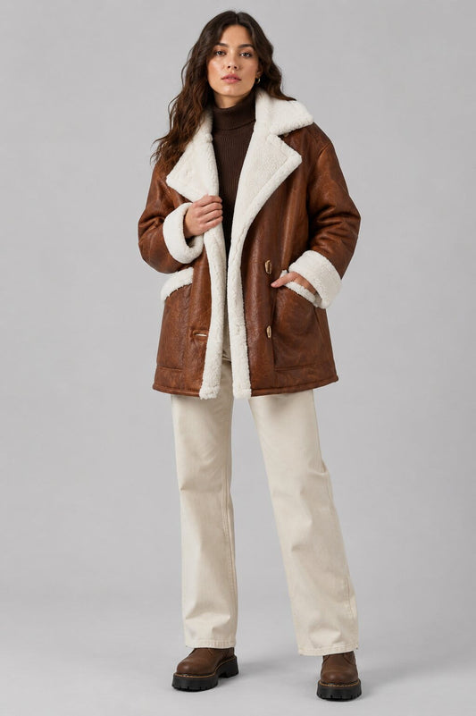 Women's Cognac Sheepskin Jacket - Genuine Shearling Design front view by avanzar leather