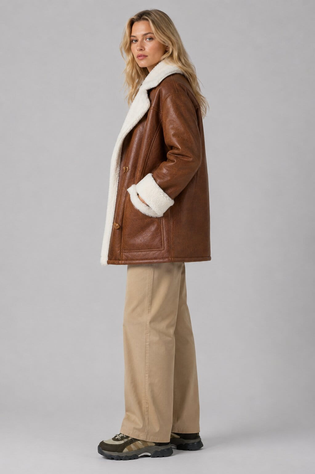 Women's Cognac Sheepskin Jacket - Genuine Shearling Design sid view by avanzar leather