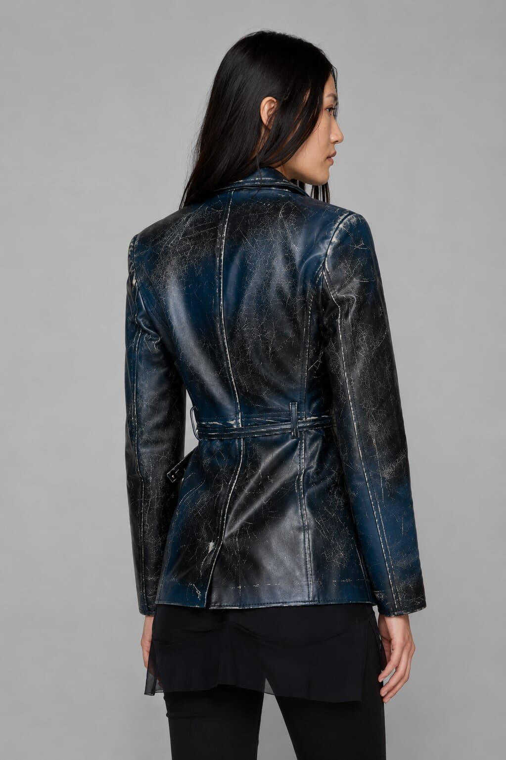 Women’s Distressed Blue Leather Blazer - Classic Design back view by avanzar leather