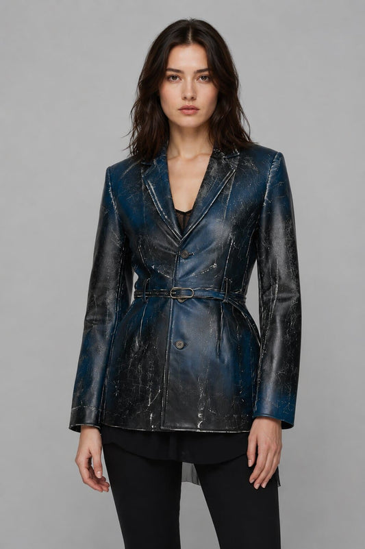 Women’s Distressed Blue Leather Blazer - Classic Design front view by avanzar leather