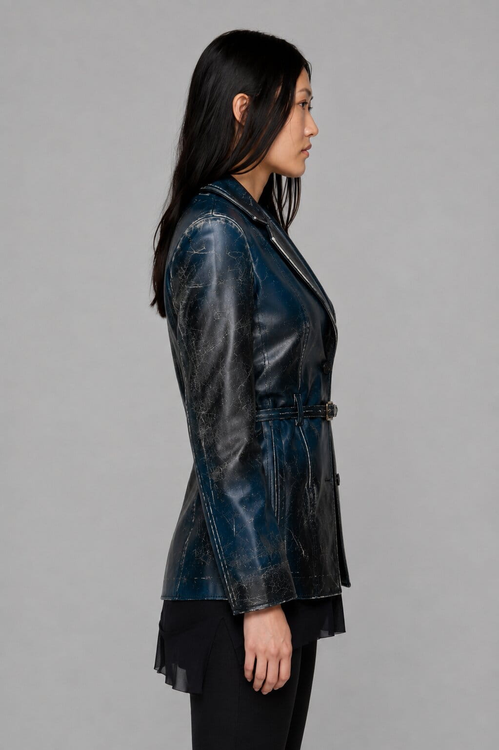 Women’s Distressed Blue Leather Blazer - Classic Design sid view by avanzar leather
