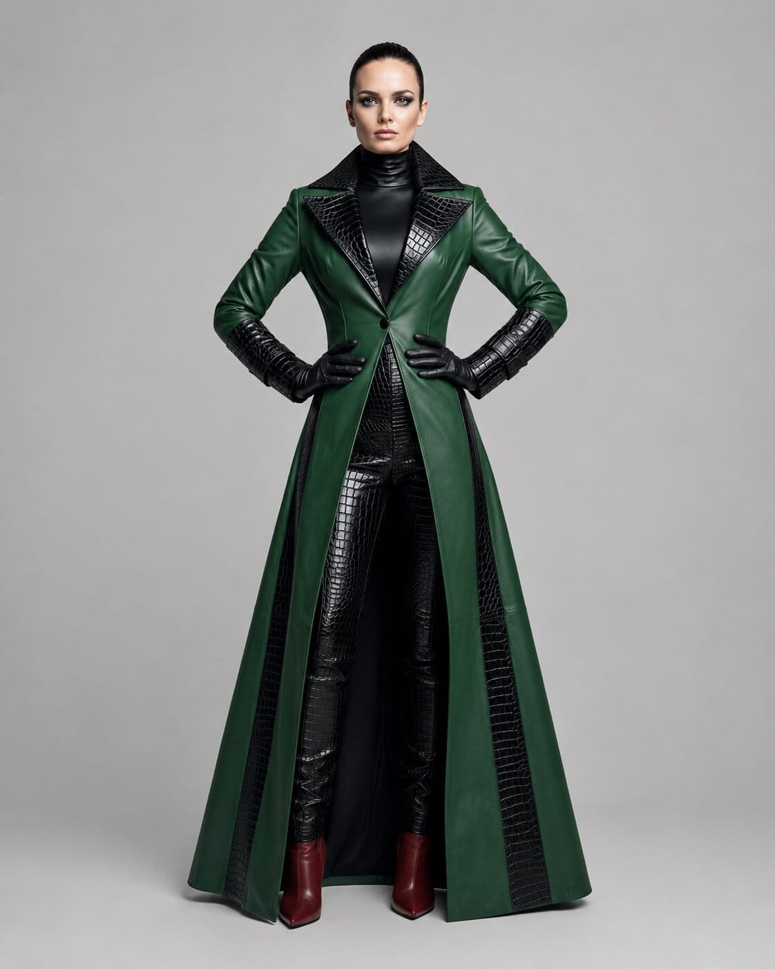 Women's Green Genuine Leather Trench Coat Set with Crocodile Embossed Pant and Gothic Luxury Style by avanzar leather