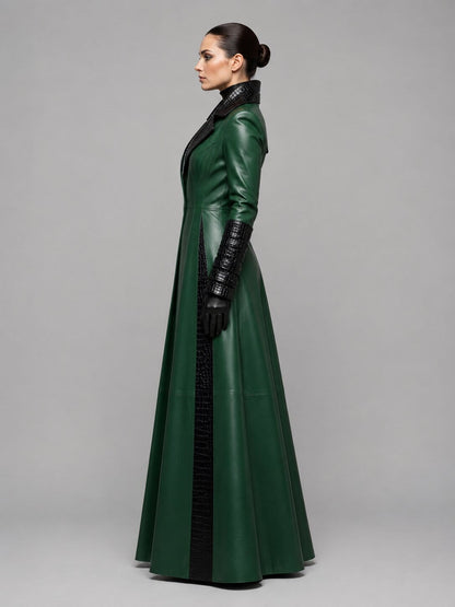 Women's Green Genuine Leather Trench Coat Set with Crocodile Embossed Pant and Gothic Luxury Style by avanzar leather