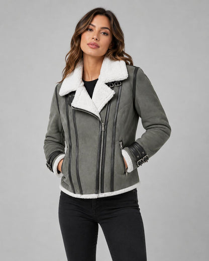 Women's Grey Shearling Leather Jacket - Classic Winter Style front view by avanzar leather