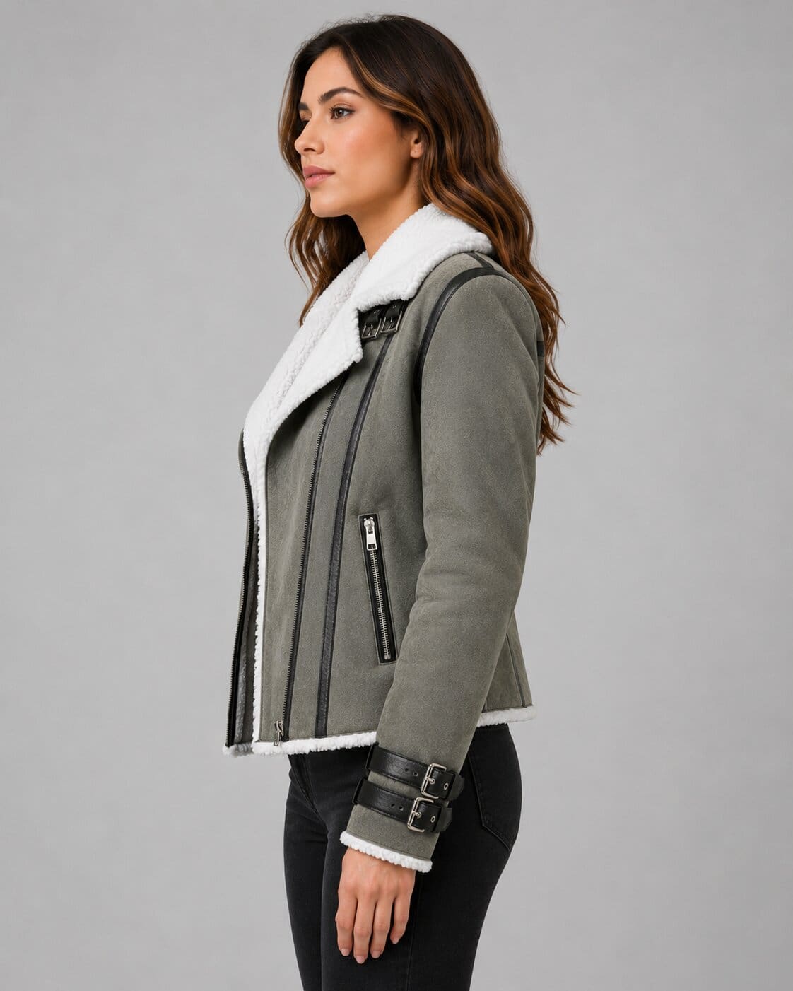 Women's Grey Shearling Leather Jacket - Classic Winter Style sid view by avanzar leather