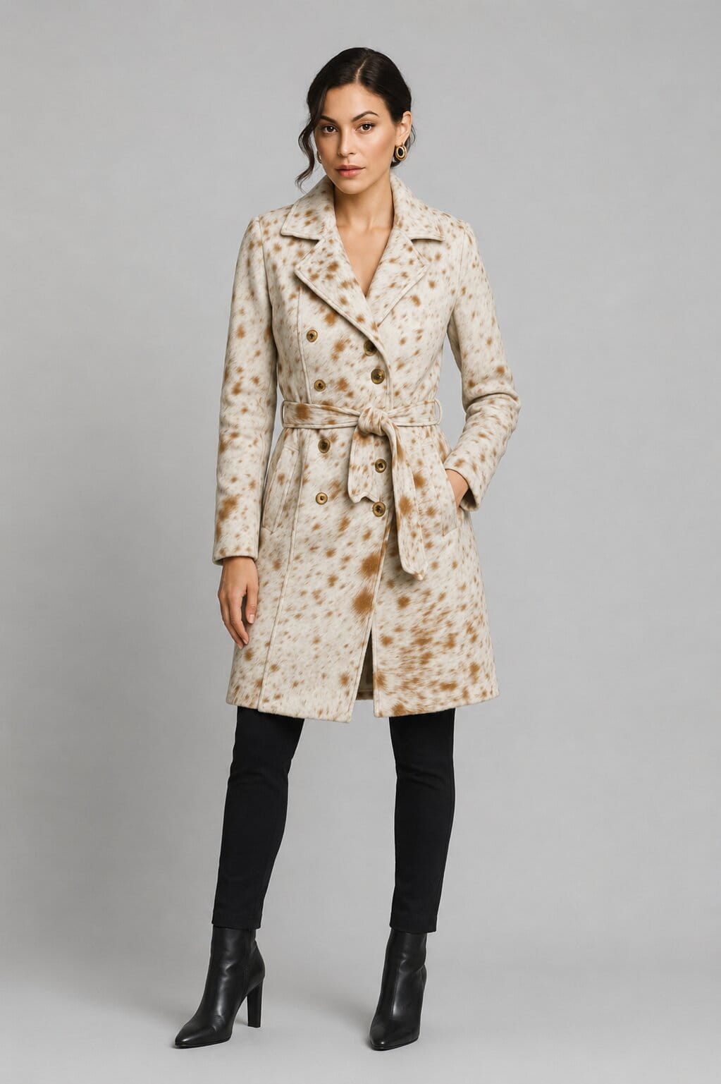 Front view of women's hair-on cowhide leather trench coat by avanzar leather