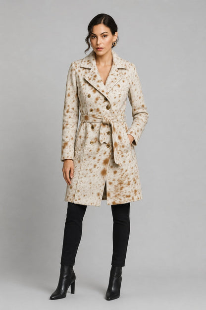 Front view of women's hair-on cowhide leather trench coat by avanzar leather