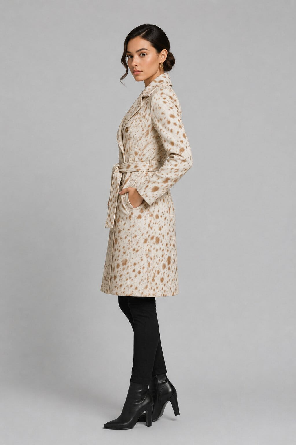 Side profile of handmade hair-on hide trench coat by avanzar leather