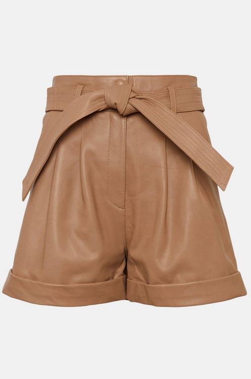 Women's High-Waist Brown Leather Belted Shorts