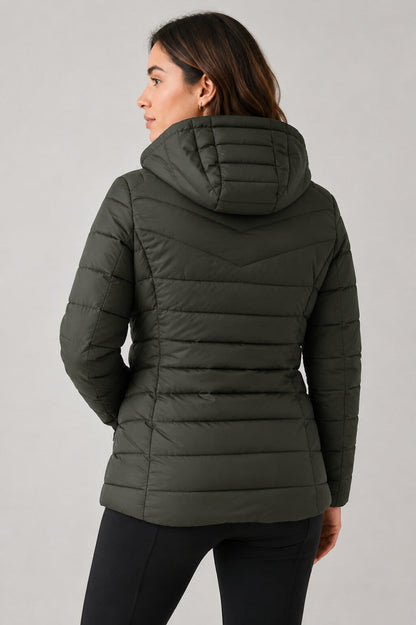 Women's Khaki Hooded Puffer Jacket - Modern Winter Style back view by avanzar leather