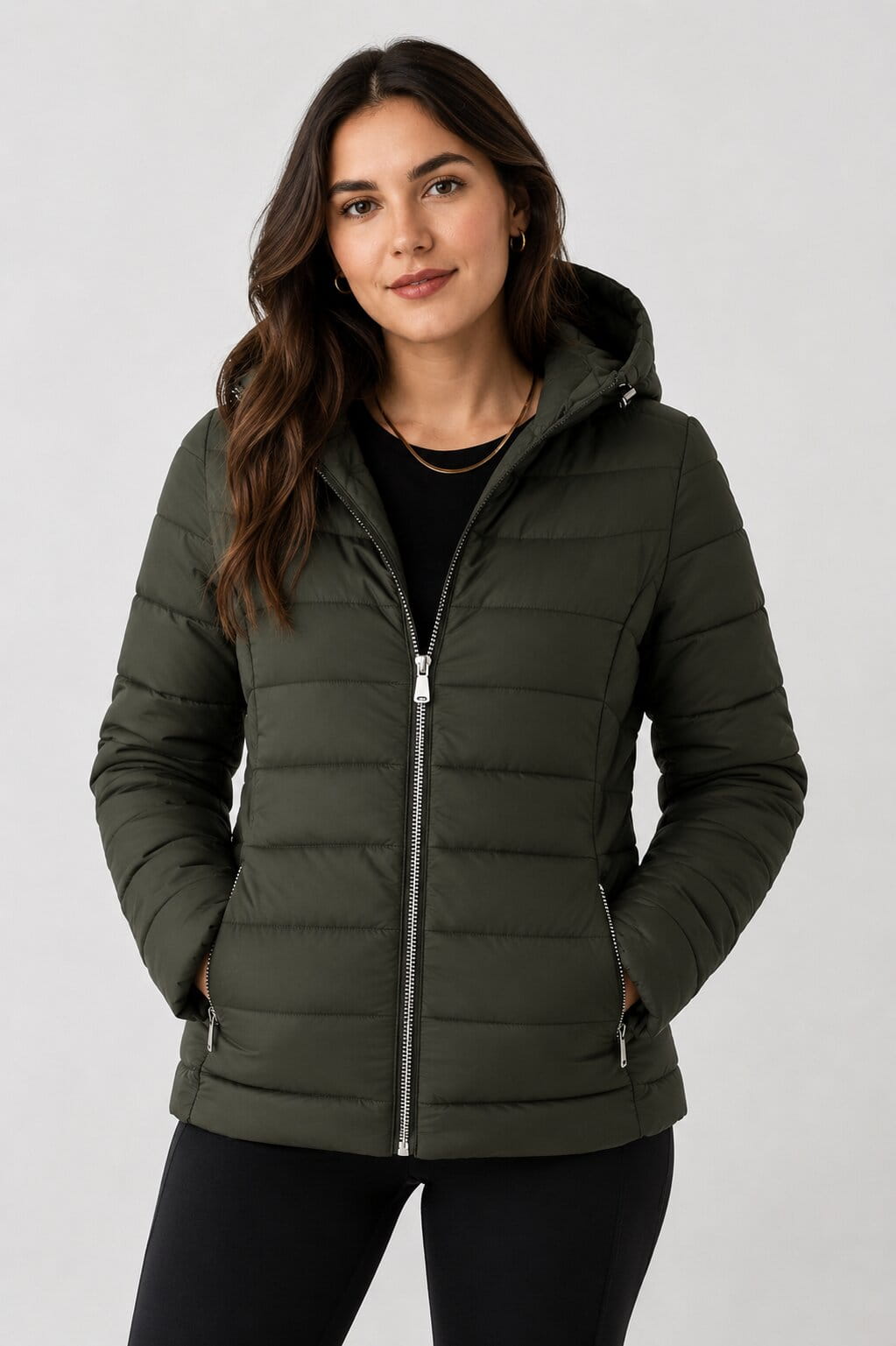 Women's Khaki Hooded Puffer Jacket - Modern Winter Style front view by avanzar leather