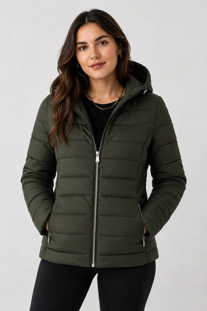 Women's Khaki Hooded Puffer Jacket - Modern Winter Style front view by avanzar leather