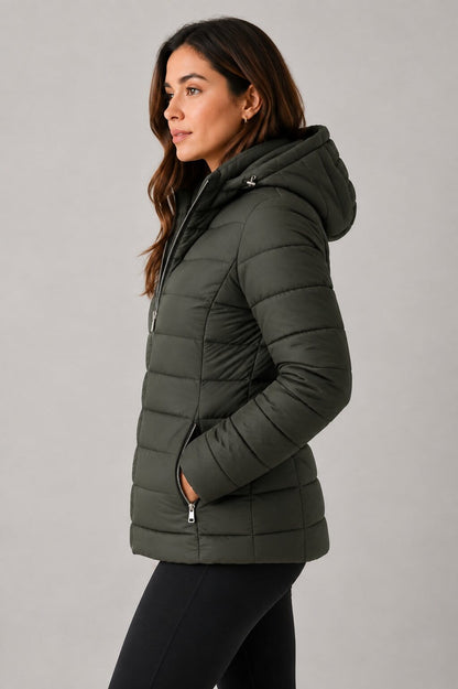 Women's Khaki Hooded Puffer Jacket - Modern Winter Style sid view by avanzar leather
