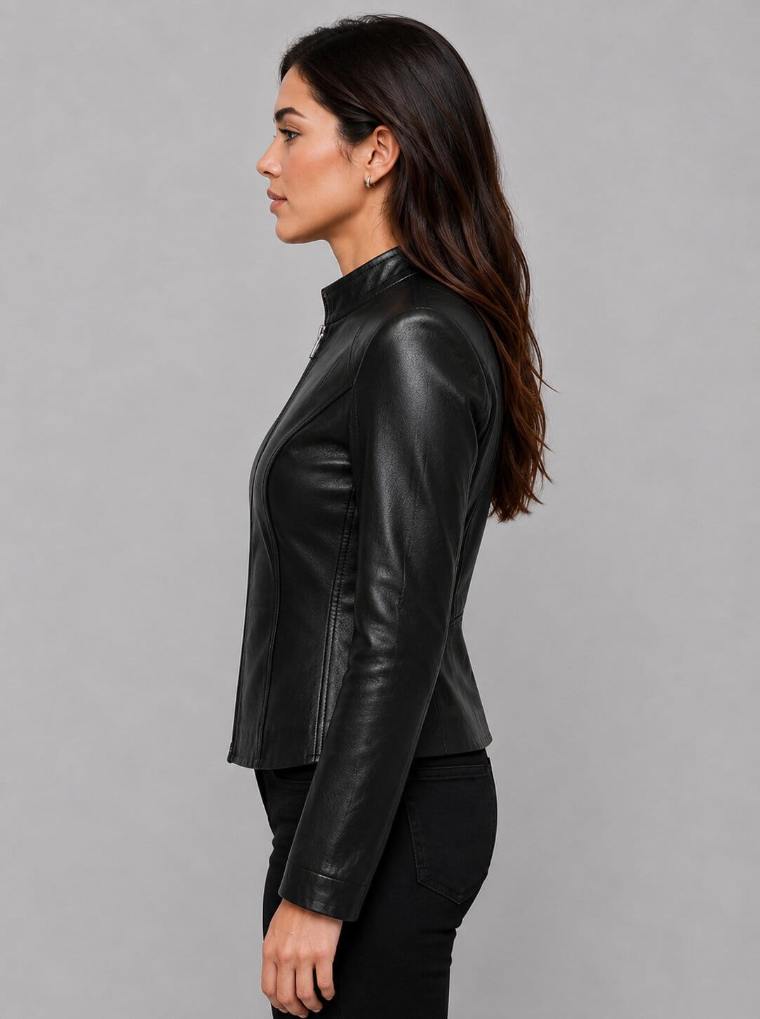 Women’s Lambskin Leather Biker Jacket - Sleek Slim Fit sid view by avanzar leather