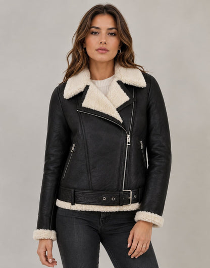 Women's Leather Shearling Biker Jacket - Faux Fur Lined Design front view by avanzar leather
