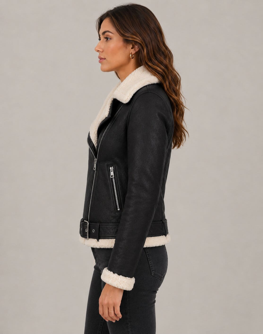 Women's Leather Shearling Biker Jacket - Faux Fur Lined Design sid view by avanzar leather