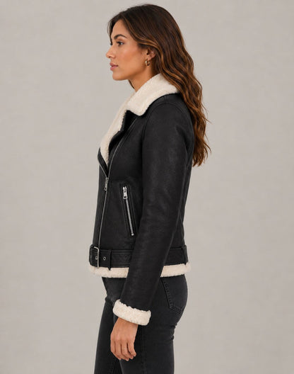 Women's Leather Shearling Biker Jacket - Faux Fur Lined Design sid view by avanzar leather