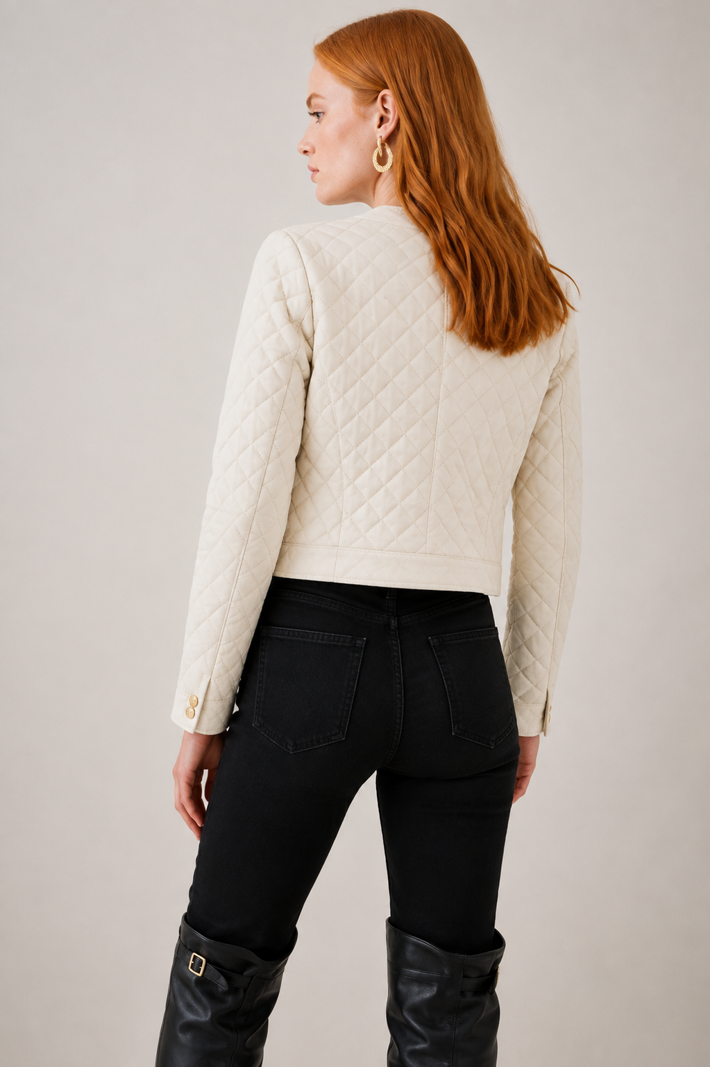 Women's Quilted White Leather Trucker Jacket - Casual Style back view by avanzar leather